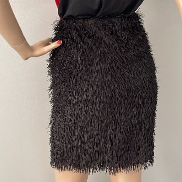 Black Fringe Skirt, EUC, Sz L, back zip, lined, stretchy, unique and super cute - Picture 7 of 12